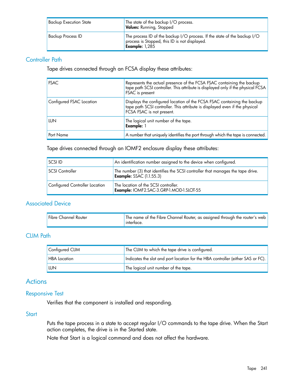 Controller path, Associated device, Clim path | Actions, Responsive test, Start, Controller path associated device clim path, Responsive test start | HP Integrity NonStop J-Series User Manual | Page 241 / 328