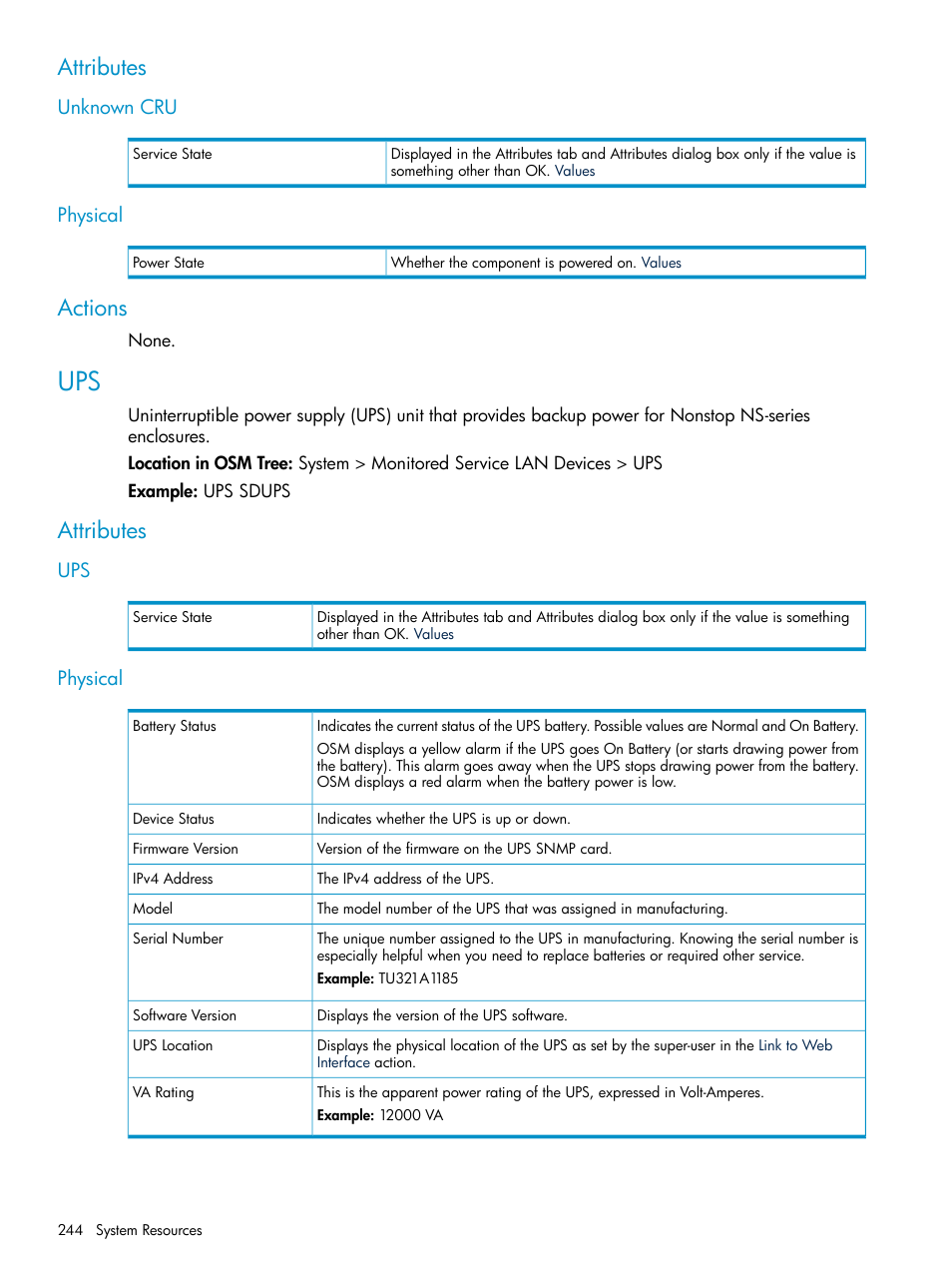 Attributes, Unknown cru, Physical | Actions, Unknown cru physical, Ups physical | HP Integrity NonStop J-Series User Manual | Page 244 / 328
