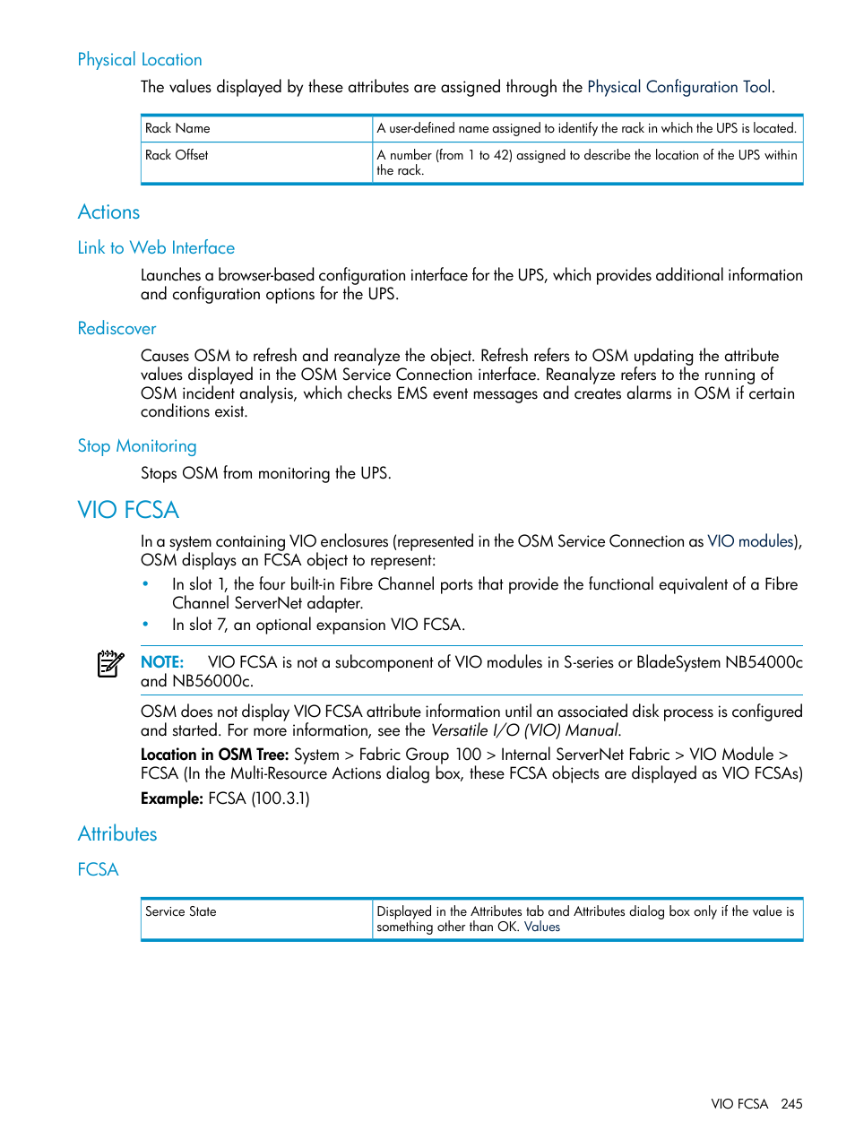 Physical location, Actions, Link to web interface | Rediscover, Stop monitoring, Vio fcsa, Attributes, Fcsa, Link to web interface rediscover stop monitoring, Link to web | HP Integrity NonStop J-Series User Manual | Page 245 / 328