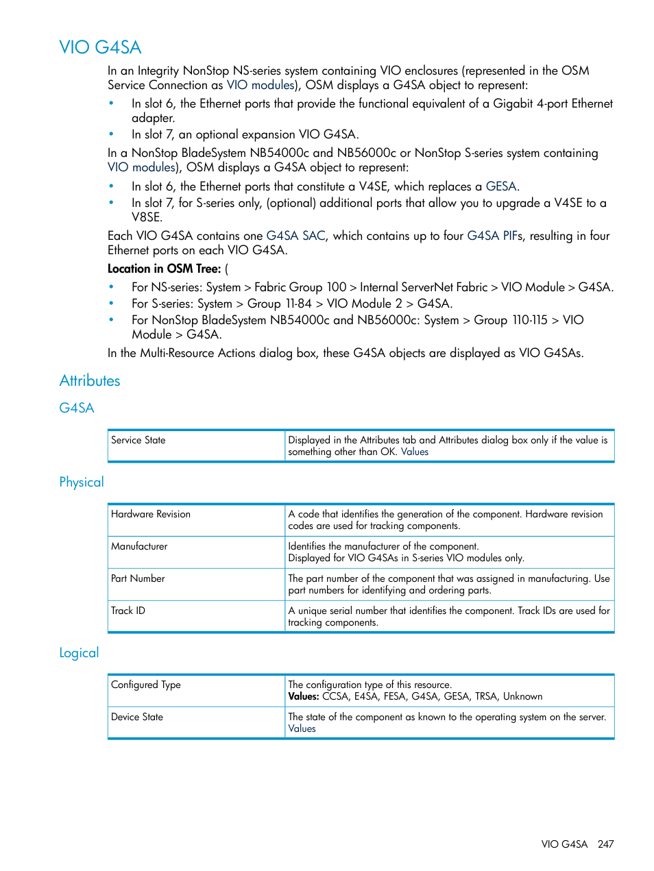 Vio g4sa, Attributes, G4sa | Physical, Logical, G4sa physical logical | HP Integrity NonStop J-Series User Manual | Page 247 / 328