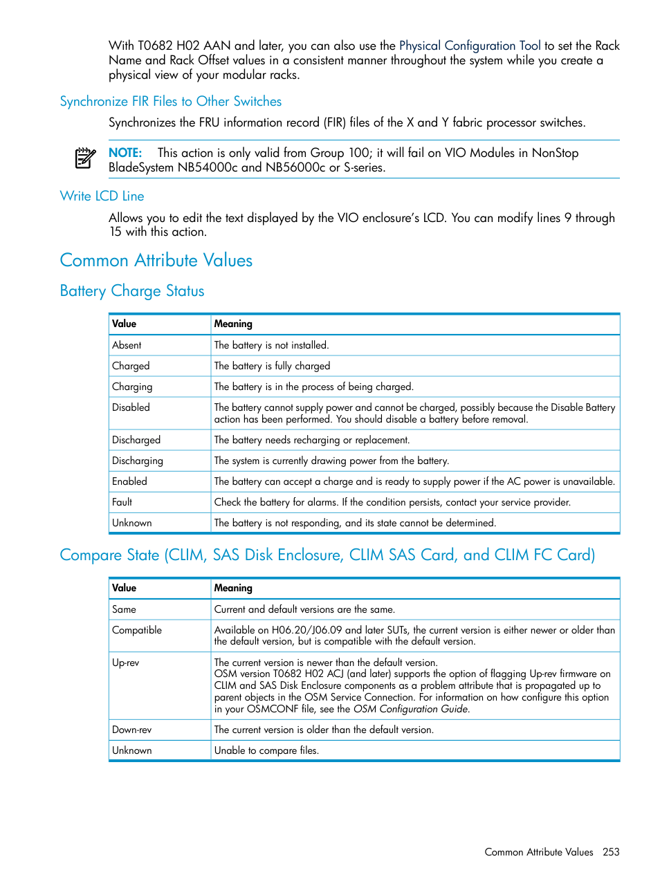 Synchronize fir files to other switches, Write lcd line, Common attribute values | Battery charge status | HP Integrity NonStop J-Series User Manual | Page 253 / 328