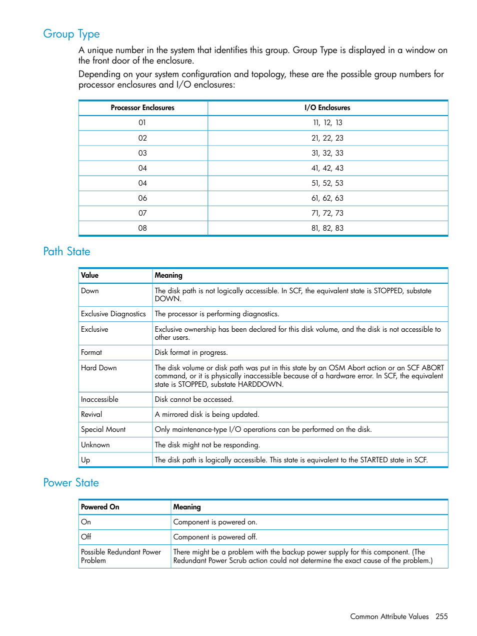 Group type, Path state, Power state | Group type path state power state, Values | HP Integrity NonStop J-Series User Manual | Page 255 / 328