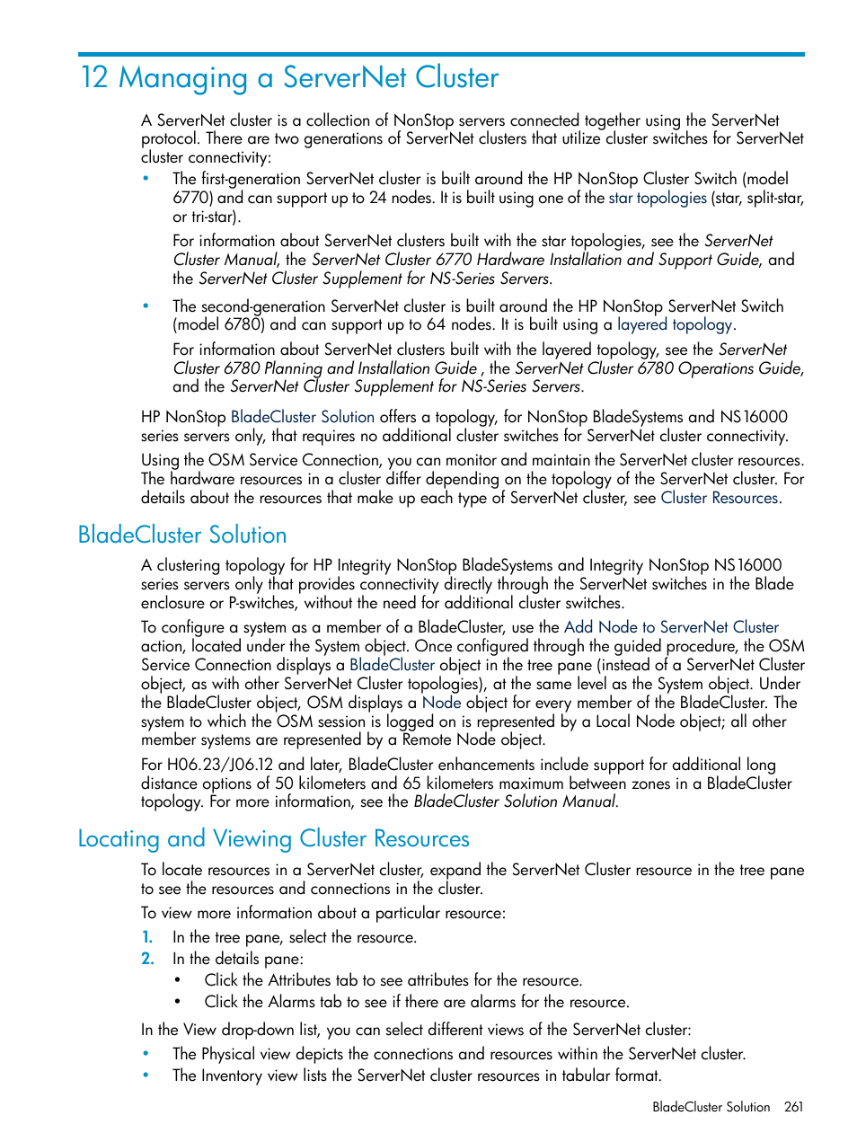 12 managing a servernet cluster, Bladecluster solution, Locating and viewing cluster resources | Bladecluster | HP Integrity NonStop J-Series User Manual | Page 261 / 328