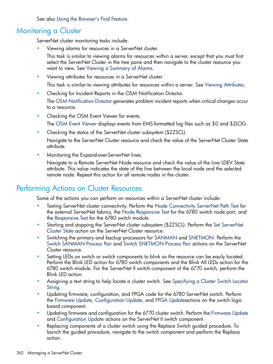 Monitoring a cluster, Performing actions on cluster resources | HP Integrity NonStop J-Series User Manual | Page 262 / 328