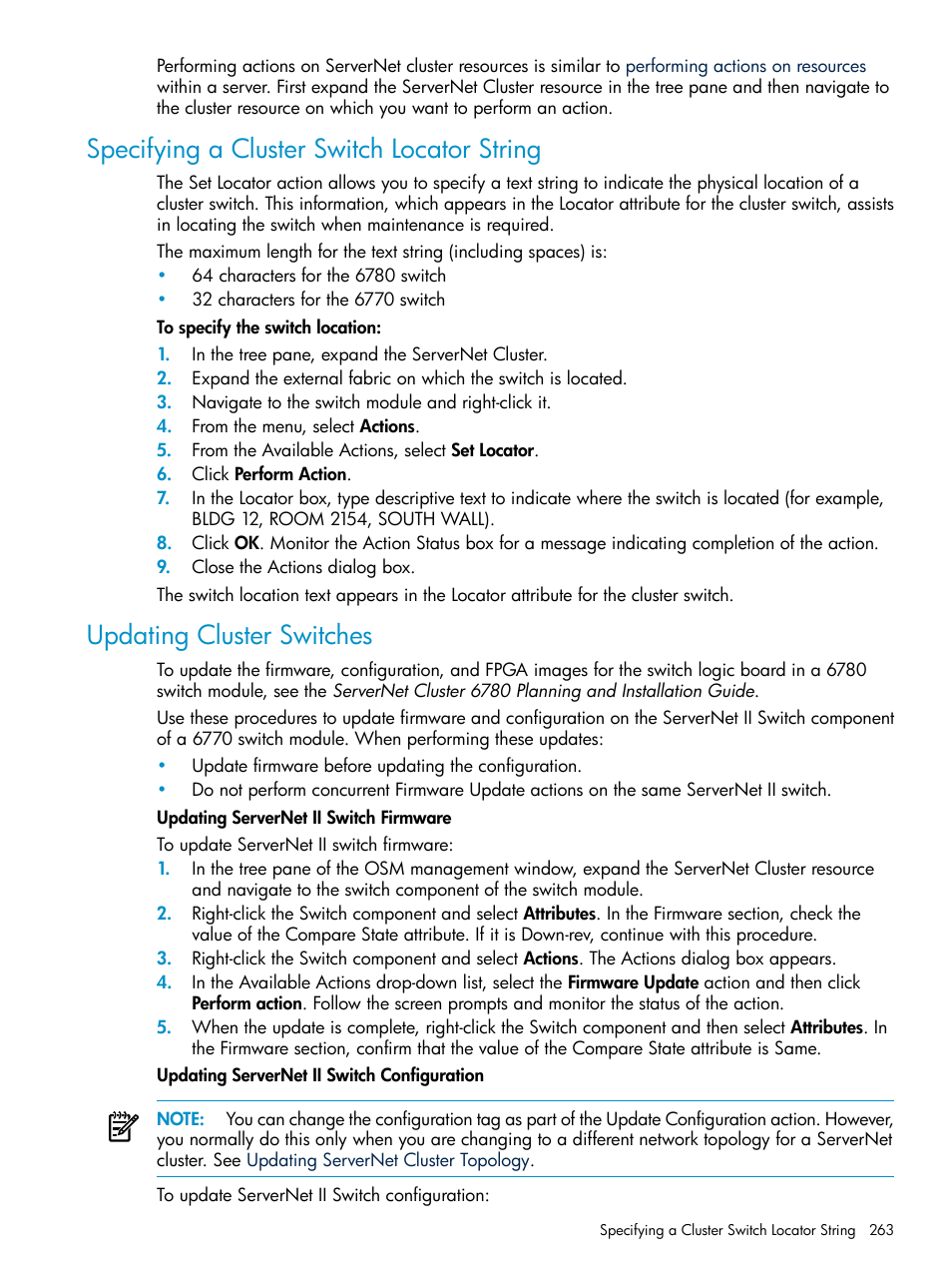Specifying a cluster switch locator string, Updating cluster switches, Specifying a cluster switch locator | String | HP Integrity NonStop J-Series User Manual | Page 263 / 328