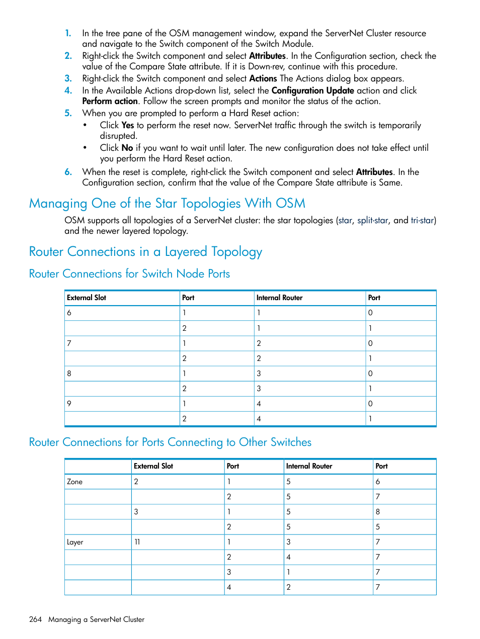 Managing one of the star topologies with osm, Router connections in a layered topology, Router connections for switch node ports | HP Integrity NonStop J-Series User Manual | Page 264 / 328