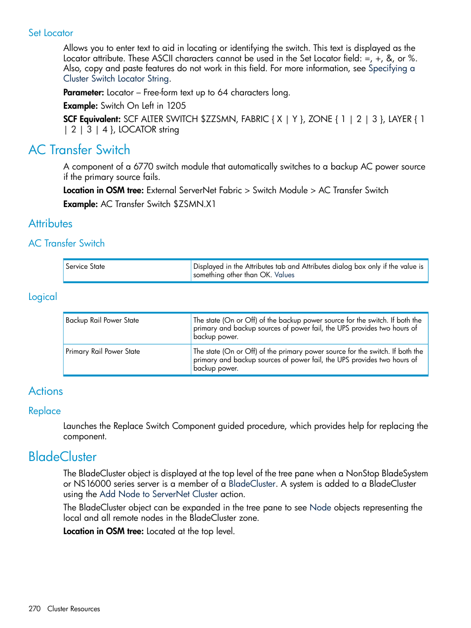 Set locator, Ac transfer switch, Attributes | Logical, Actions, Replace, Bladecluster, Ac transfer switch logical | HP Integrity NonStop J-Series User Manual | Page 270 / 328