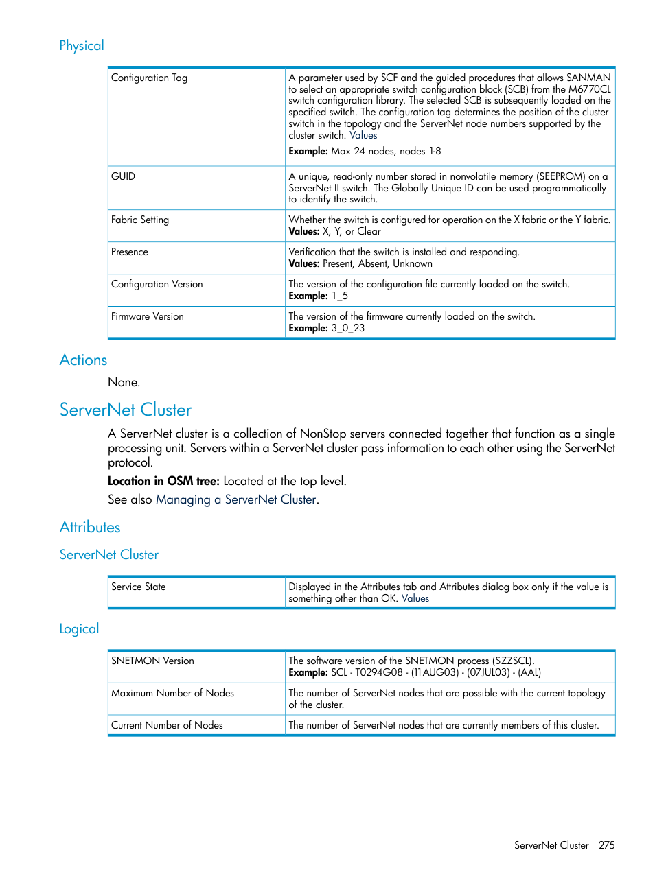 Physical, Actions, Servernet cluster | Attributes, Logical, Servernet cluster logical | HP Integrity NonStop J-Series User Manual | Page 275 / 328