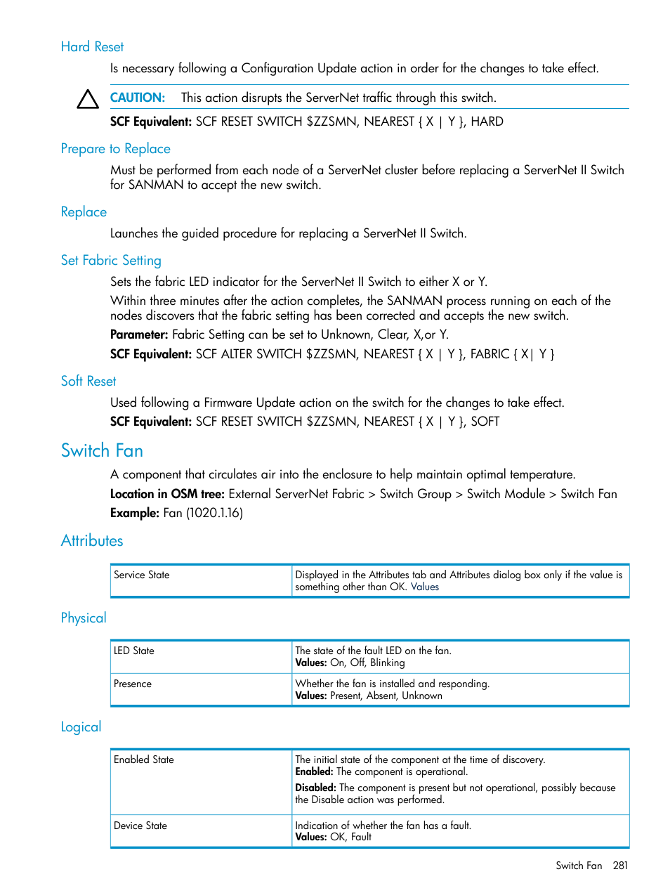 Hard reset, Prepare to replace, Replace | Set fabric setting, Soft reset, Switch fan, Attributes, Physical, Logical, Physical logical | HP Integrity NonStop J-Series User Manual | Page 281 / 328