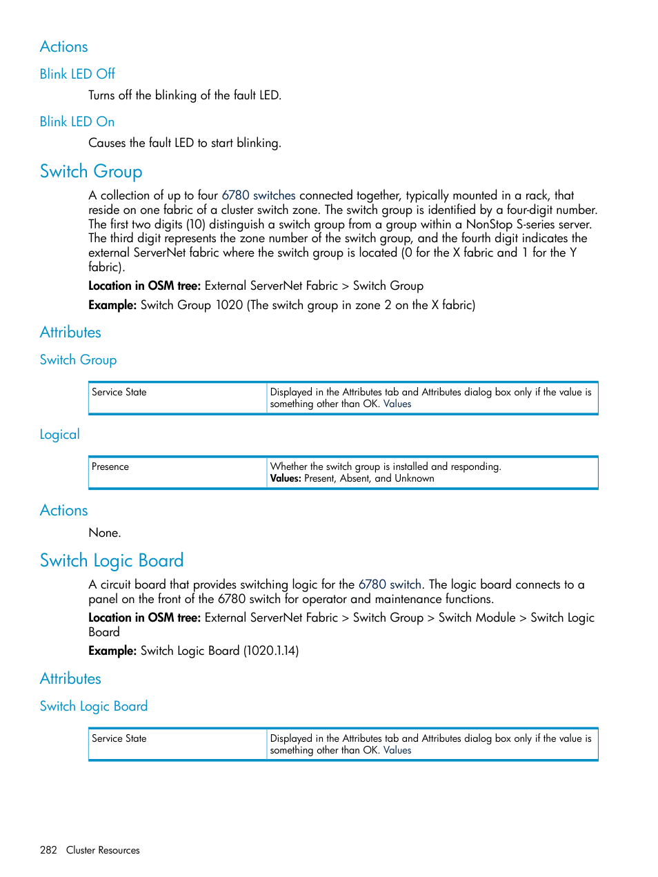 Actions, Blink led off, Blink led on | Switch group, Attributes, Logical, Switch logic board, Blink led off blink led on, Switch group logical | HP Integrity NonStop J-Series User Manual | Page 282 / 328