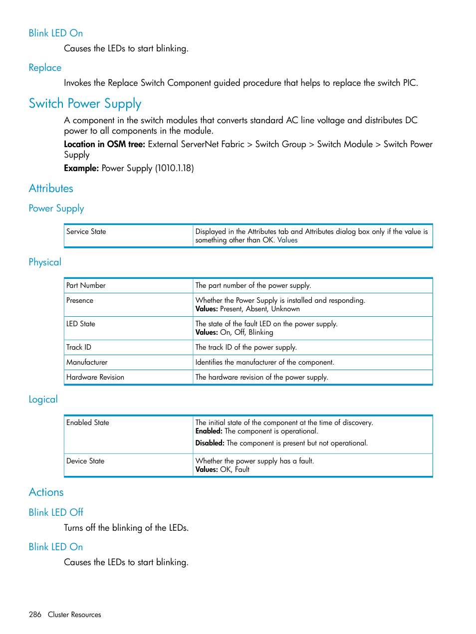 Blink led on, Replace, Switch power supply | Attributes, Power supply, Physical, Logical, Actions, Blink led off, Blink led on replace | HP Integrity NonStop J-Series User Manual | Page 286 / 328
