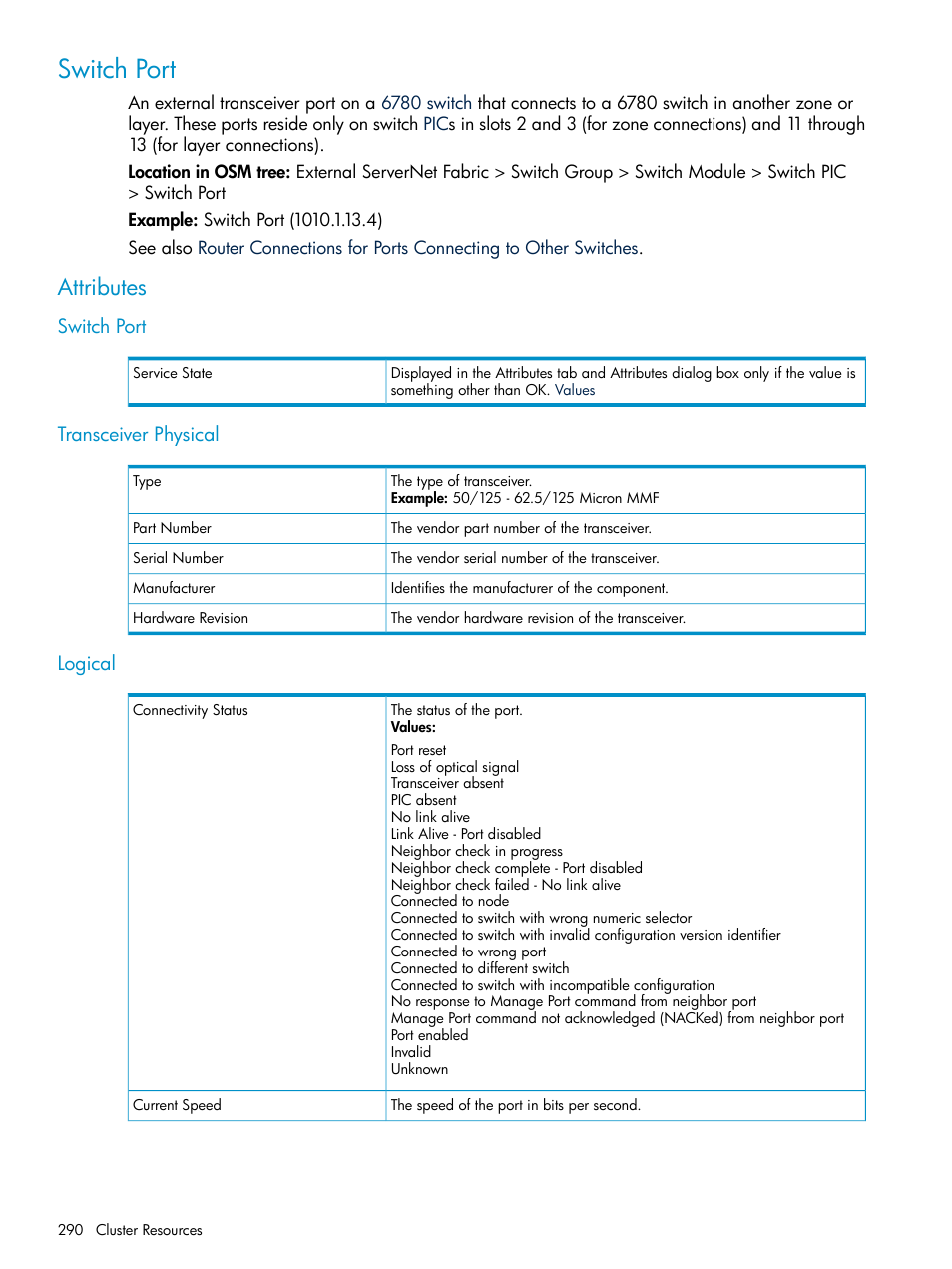 Switch port, Attributes, Transceiver physical | Logical, Switch port transceiver physical logical | HP Integrity NonStop J-Series User Manual | Page 290 / 328