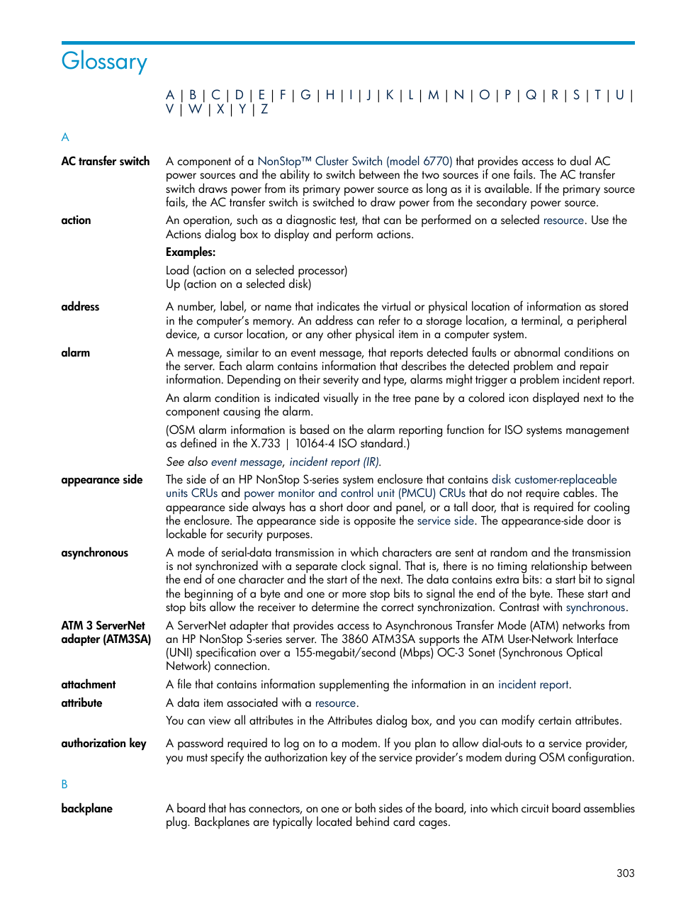 Glossary, Alarms | HP Integrity NonStop J-Series User Manual | Page 303 / 328
