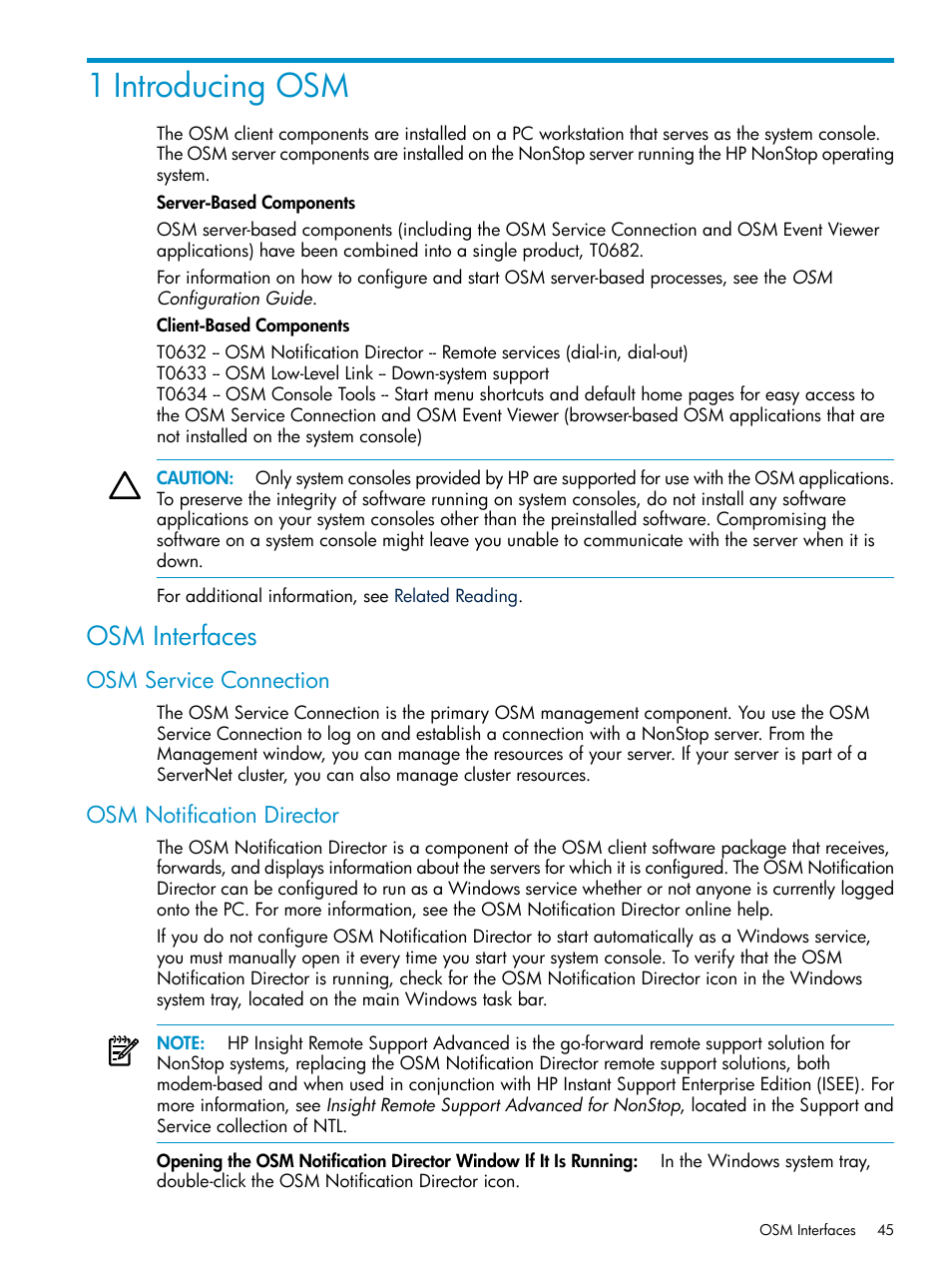 1 introducing osm, Osm interfaces, Osm service connection | Osm notification director, Osm service connection osm notification director | HP Integrity NonStop J-Series User Manual | Page 45 / 328