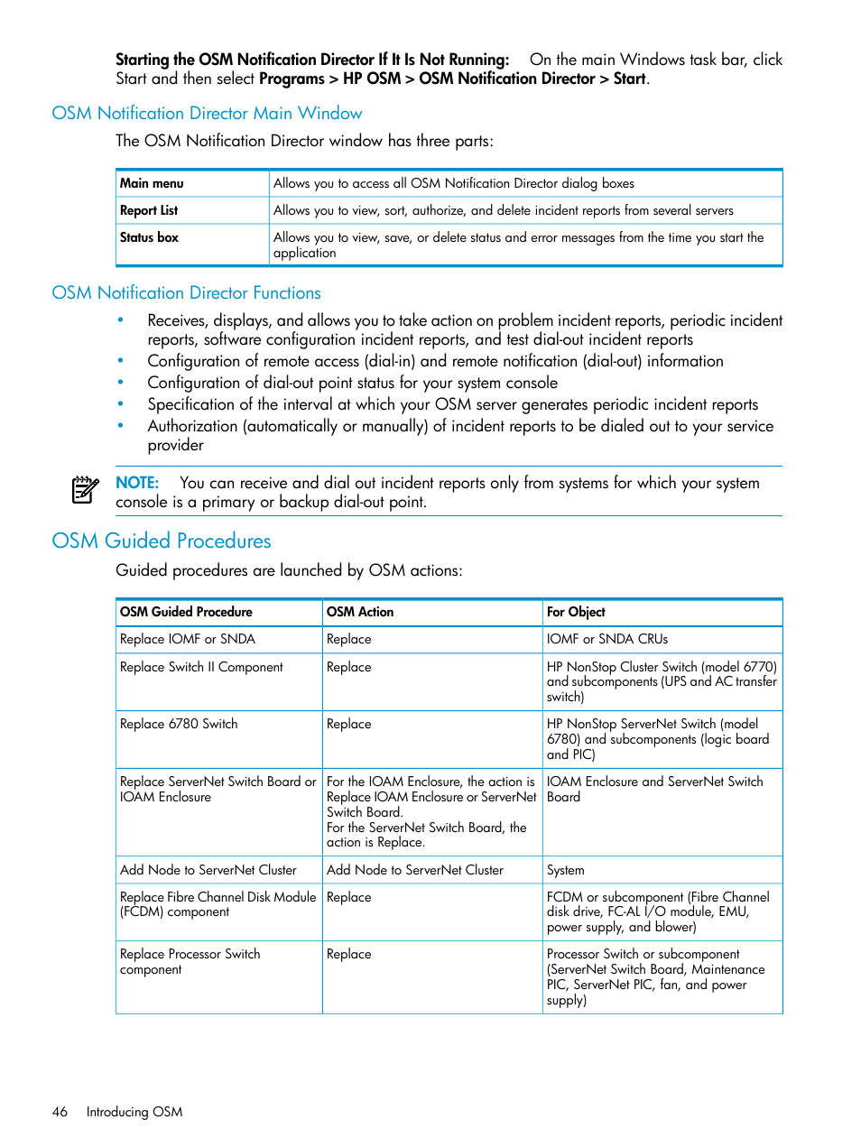 Osm notification director main window, Osm notification director functions, Osm guided procedures | HP Integrity NonStop J-Series User Manual | Page 46 / 328