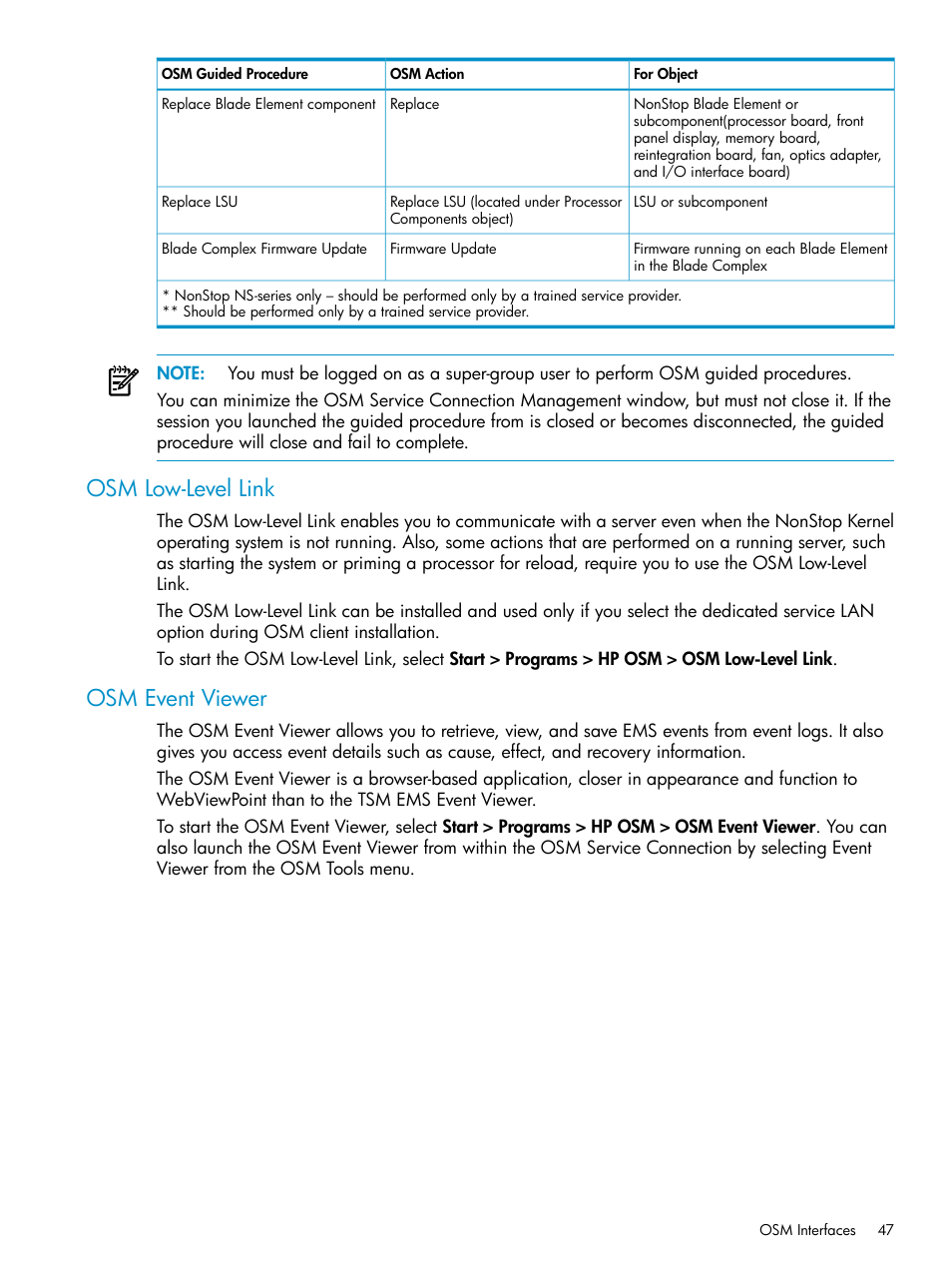 Osm low-level link, Osm event viewer, Osm low-level link osm event viewer | HP Integrity NonStop J-Series User Manual | Page 47 / 328