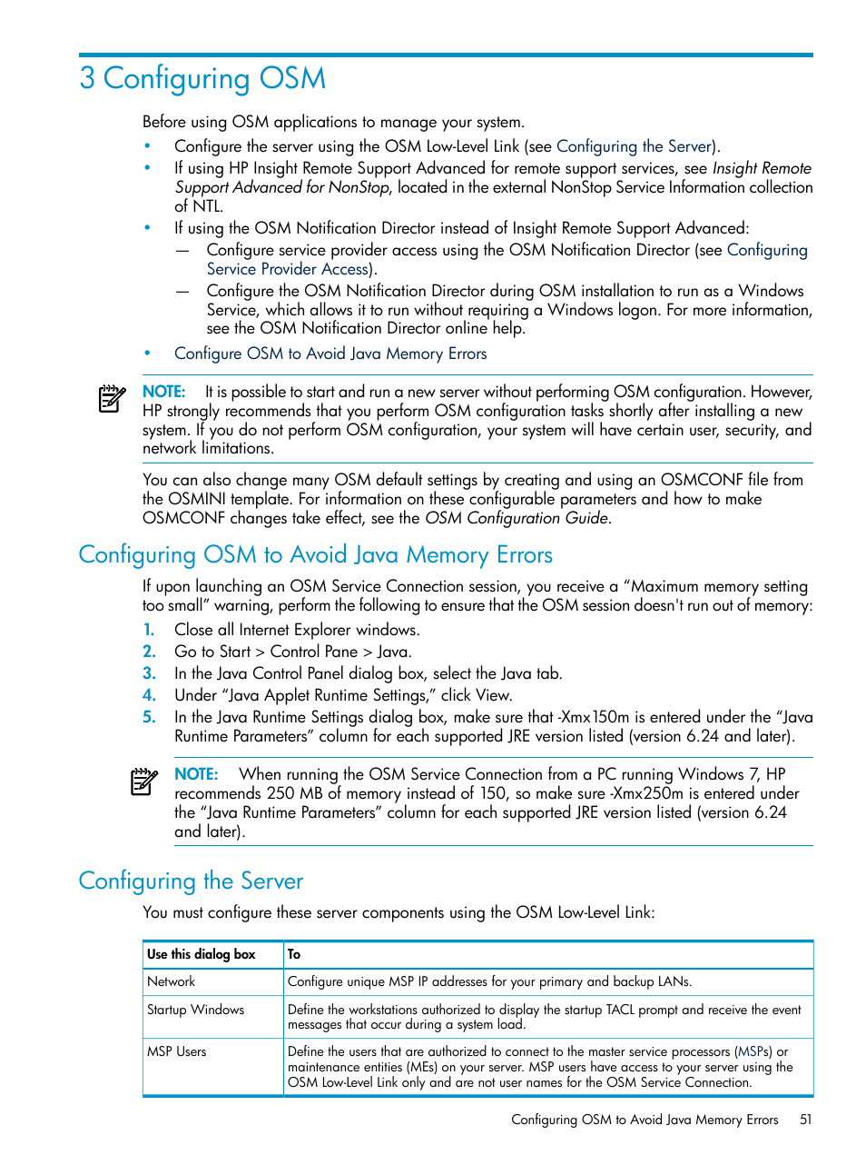 3 configuring osm, Configuring osm to avoid java memory errors, Configuring the server | HP Integrity NonStop J-Series User Manual | Page 51 / 328