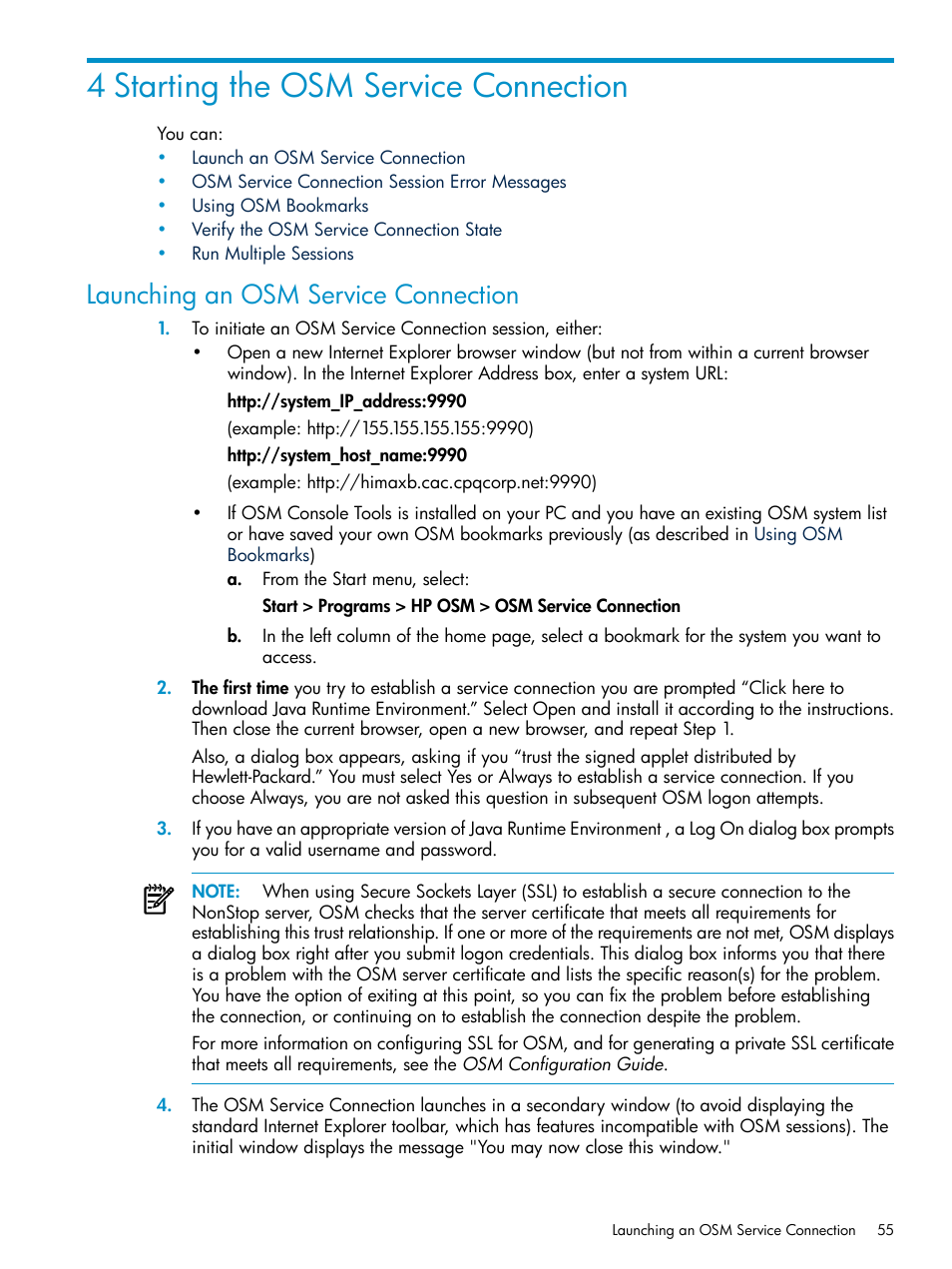 4 starting the osm service connection, Launching an osm service connection, Osm service connection session | HP Integrity NonStop J-Series User Manual | Page 55 / 328