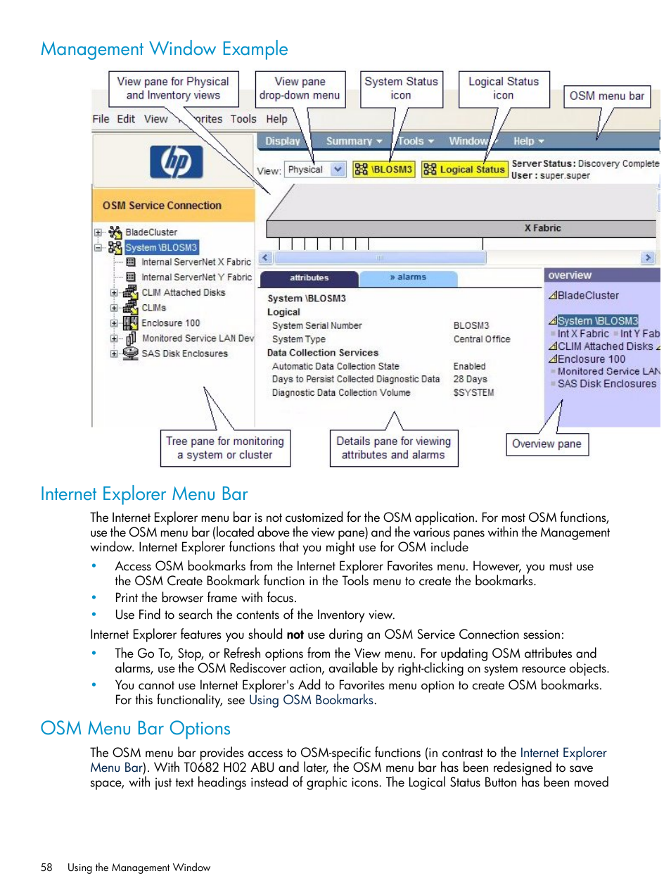 Management window example, Internet explorer menu bar, Osm menu bar options | Osm menu bar, Osm management window | HP Integrity NonStop J-Series User Manual | Page 58 / 328
