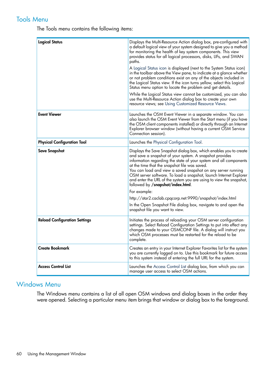 Tools menu, Windows menu, Tools menu windows menu | Logical status | HP Integrity NonStop J-Series User Manual | Page 60 / 328