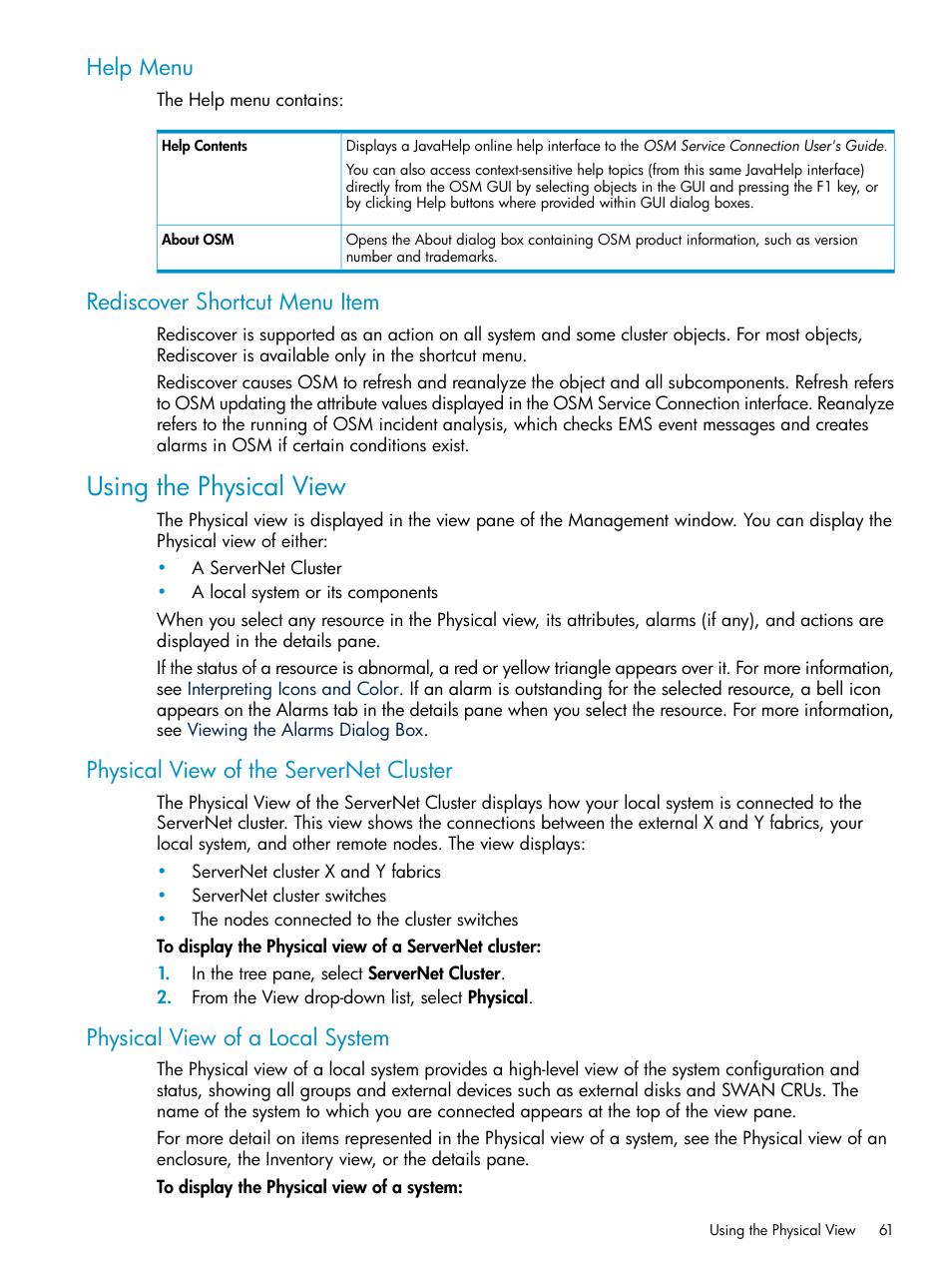 Help menu, Rediscover shortcut menu item, Using the physical view | Physical view of the servernet cluster, Physical view of a local system, Help menu rediscover shortcut menu item | HP Integrity NonStop J-Series User Manual | Page 61 / 328