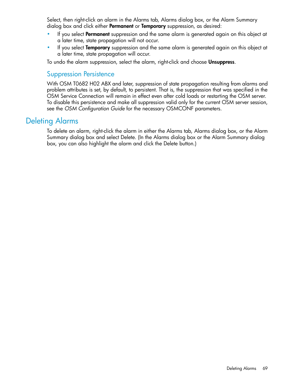 Deleting alarms, Delete, Suppression persistence | HP Integrity NonStop J-Series User Manual | Page 69 / 328
