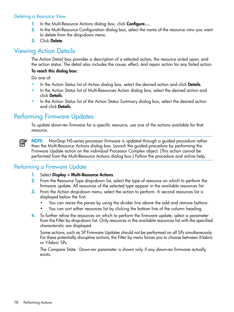 Deleting a resource view, Viewing action details, Performing firmware updates | Performing a firmware update, Viewing action details performing firmware updates, Viewing action, Details | HP Integrity NonStop J-Series User Manual | Page 78 / 328
