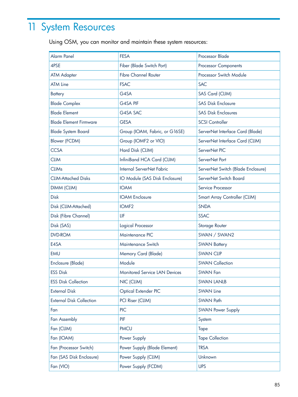11 system resources, System resources | HP Integrity NonStop J-Series User Manual | Page 85 / 328