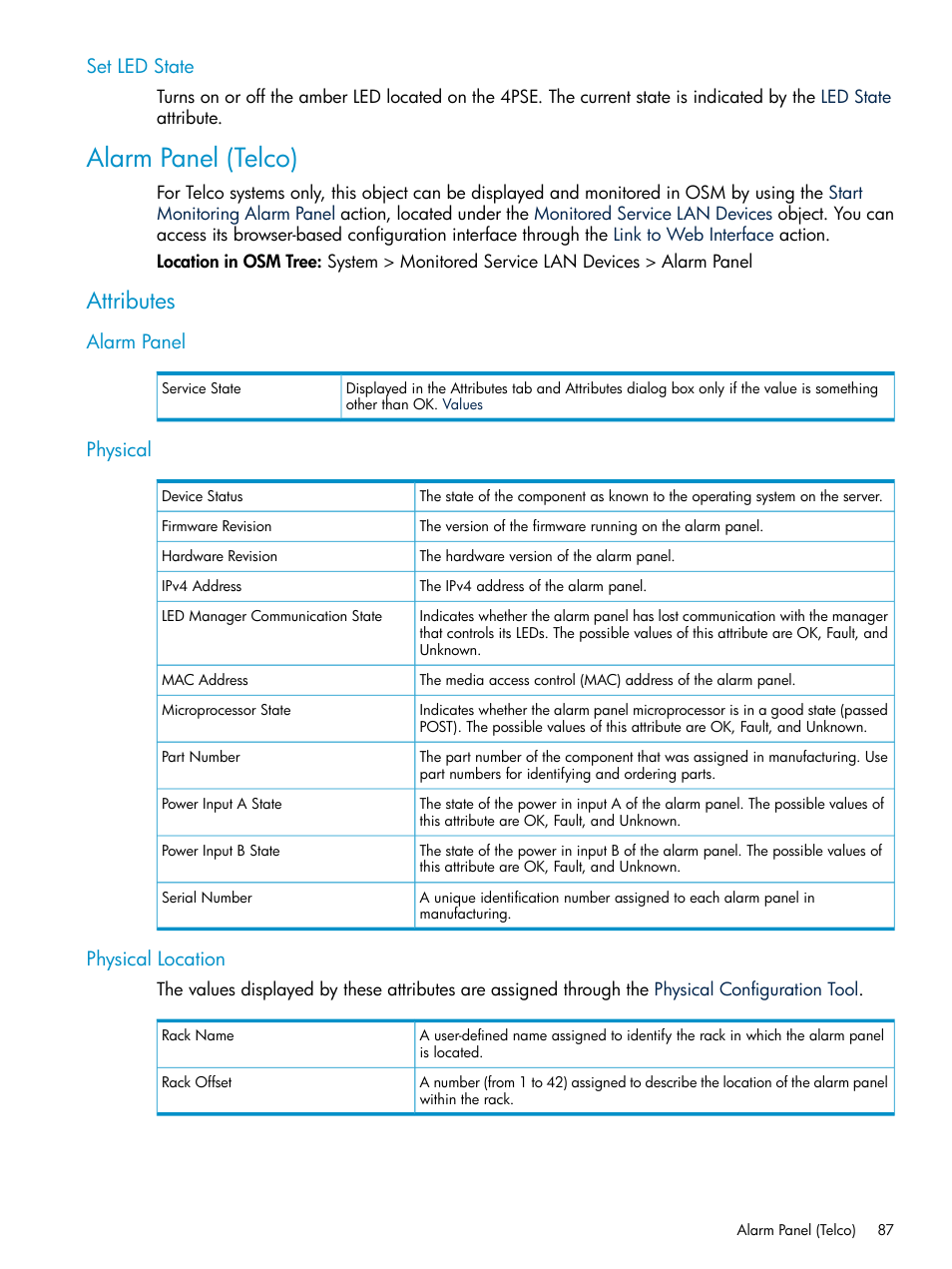 Set led state, Alarm panel (telco), Attributes | Alarm panel, Physical, Physical location, Alarm panel physical physical location, Alarm panels | HP Integrity NonStop J-Series User Manual | Page 87 / 328