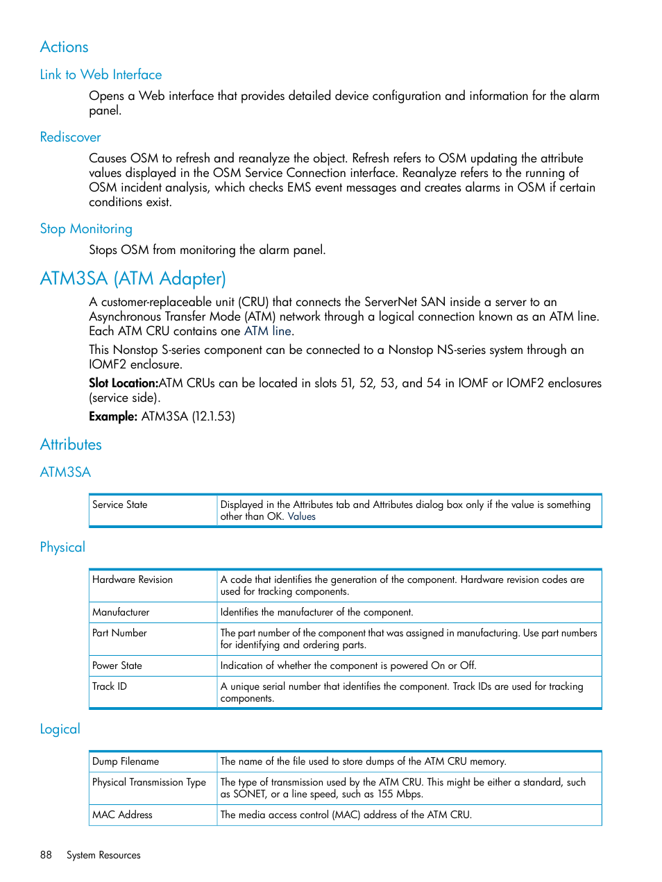 Actions, Link to web interface, Rediscover | Stop monitoring, Atm3sa (atm adapter), Attributes, Atm3sa, Physical, Logical, Link to web interface rediscover stop monitoring | HP Integrity NonStop J-Series User Manual | Page 88 / 328