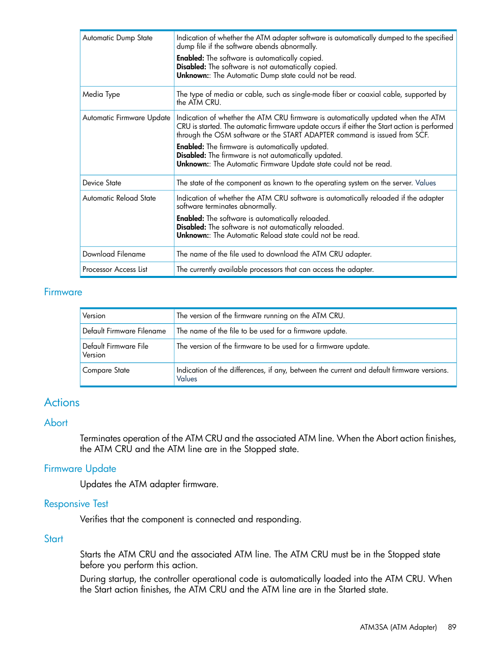 Firmware, Actions, Abort | Firmware update, Responsive test, Start, Abort firmware update responsive test start | HP Integrity NonStop J-Series User Manual | Page 89 / 328