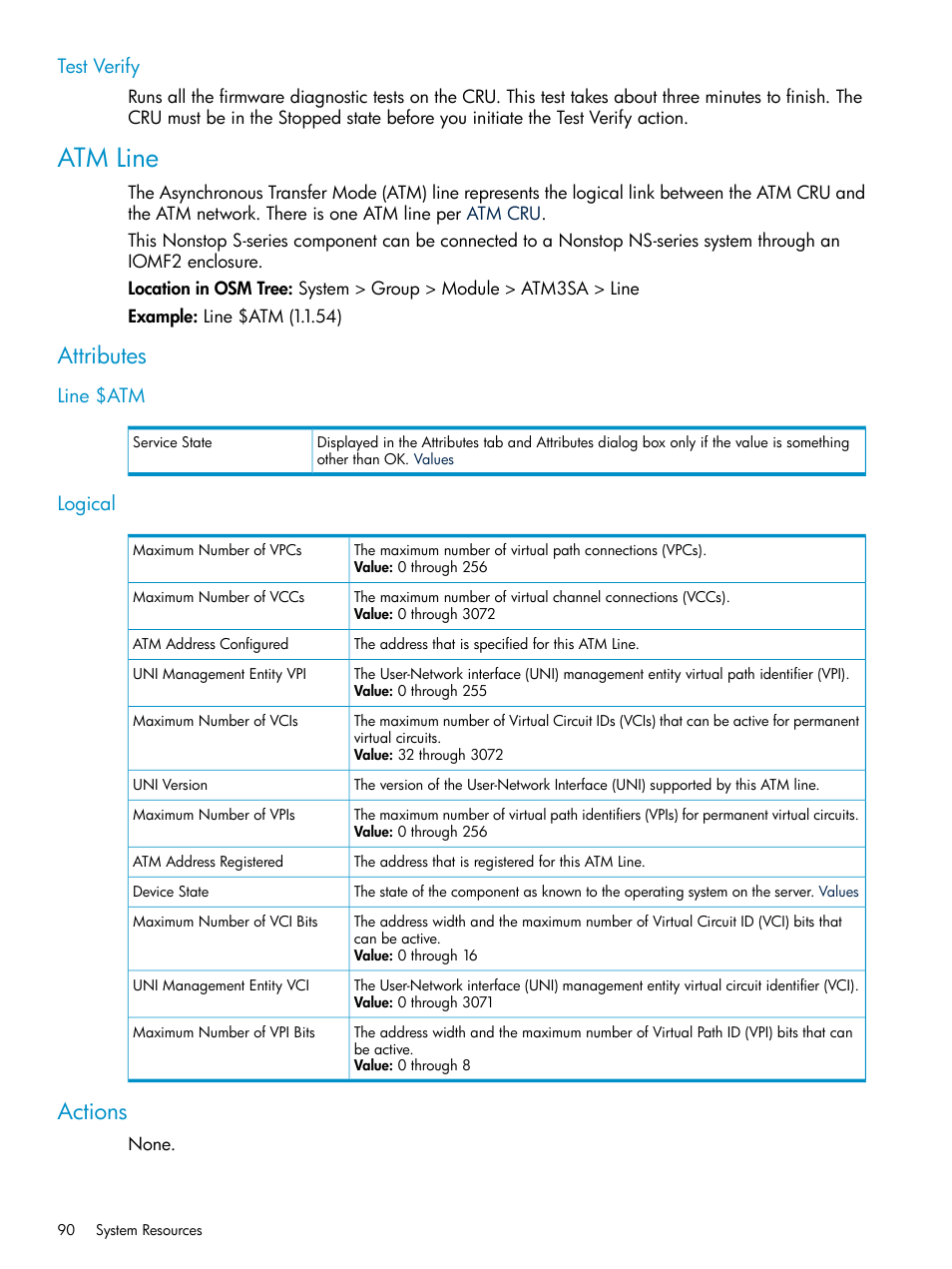 Test verify, Atm line, Attributes | Line $atm, Logical, Actions, Line $atm logical | HP Integrity NonStop J-Series User Manual | Page 90 / 328