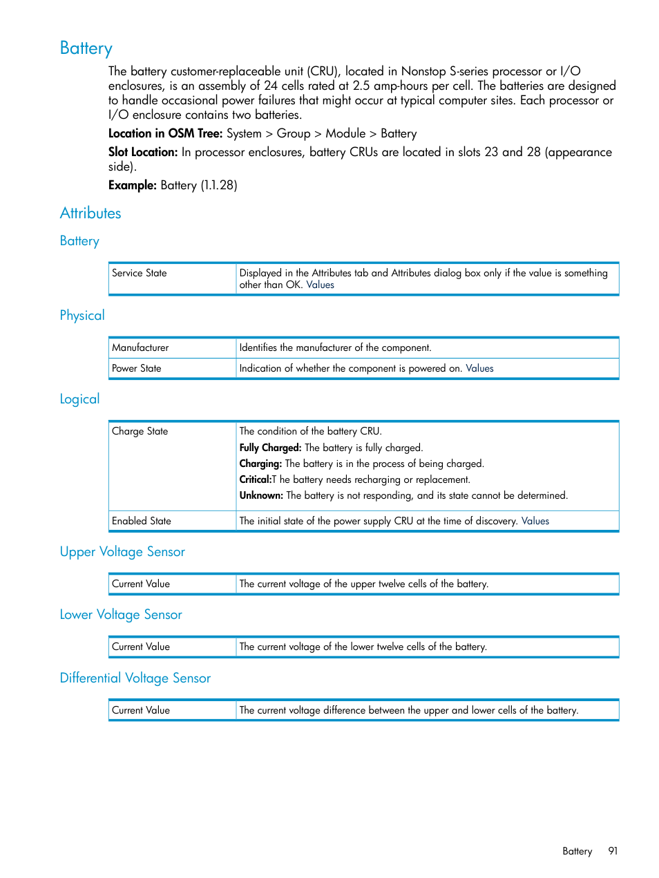 Battery, Attributes, Physical | Logical, Upper voltage sensor, Lower voltage sensor, Differential voltage sensor | HP Integrity NonStop J-Series User Manual | Page 91 / 328