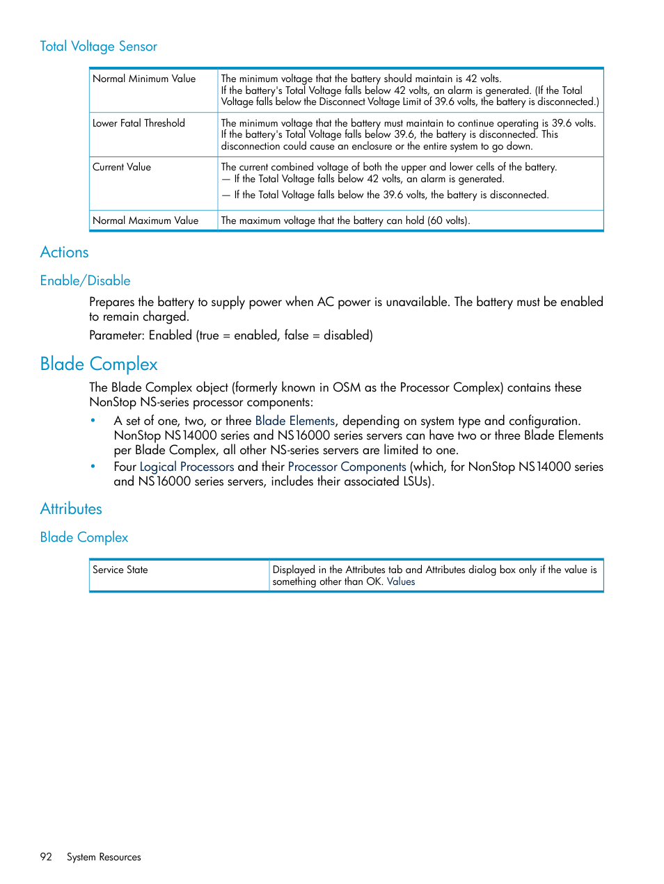 Total voltage sensor, Actions, Enable/disable | Blade complex, Attributes | HP Integrity NonStop J-Series User Manual | Page 92 / 328