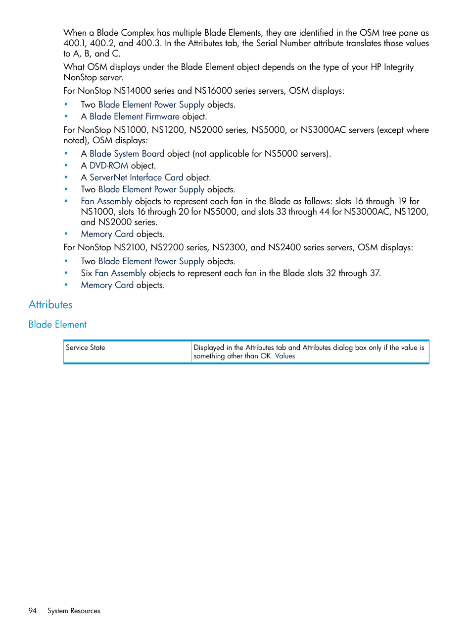Attributes, Blade element | HP Integrity NonStop J-Series User Manual | Page 94 / 328