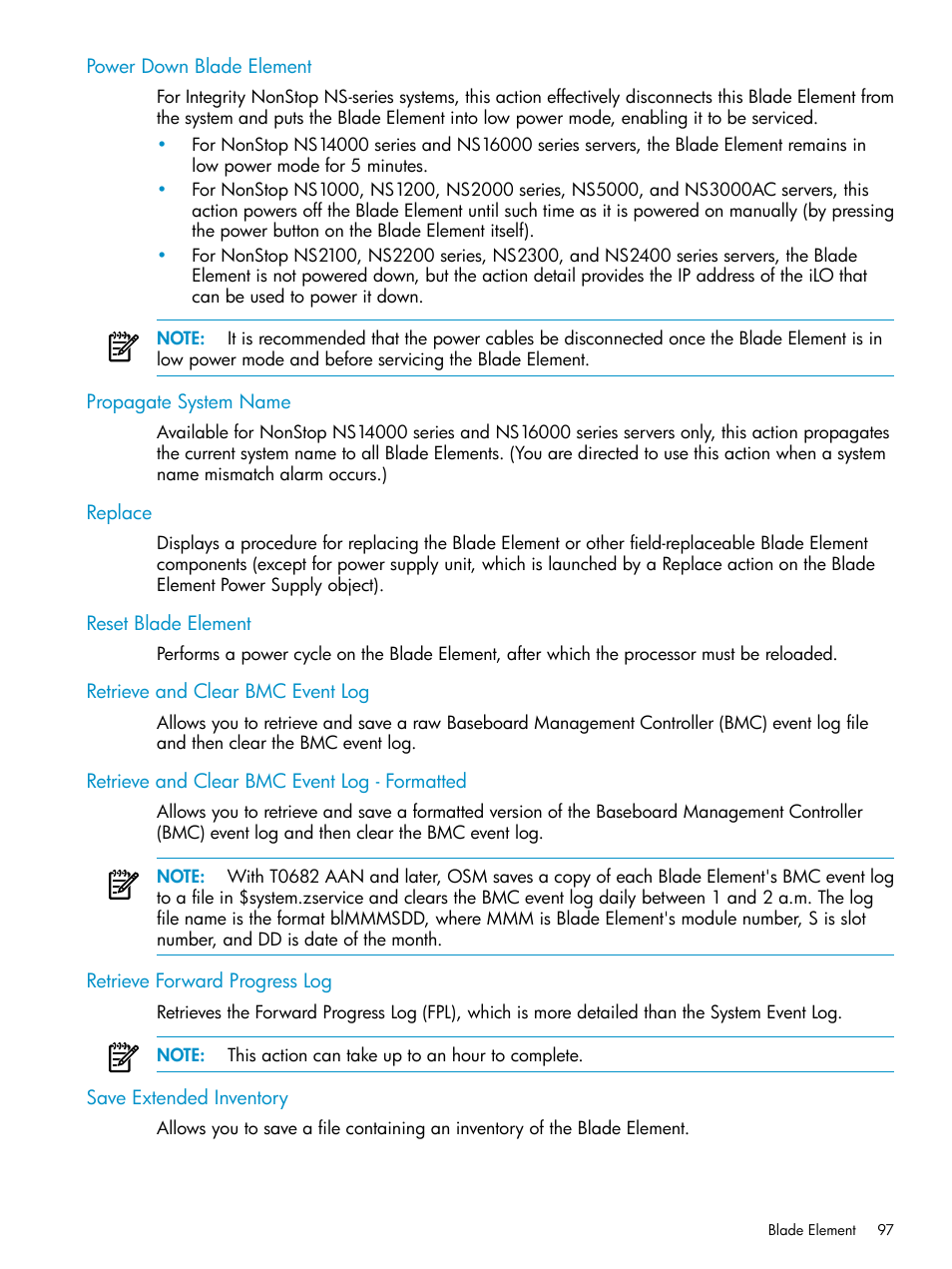 Power down blade element, Propagate system name, Replace | Reset blade element, Retrieve and clear bmc event log, Retrieve and clear bmc event log - formatted, Retrieve forward progress log, Save extended inventory | HP Integrity NonStop J-Series User Manual | Page 97 / 328