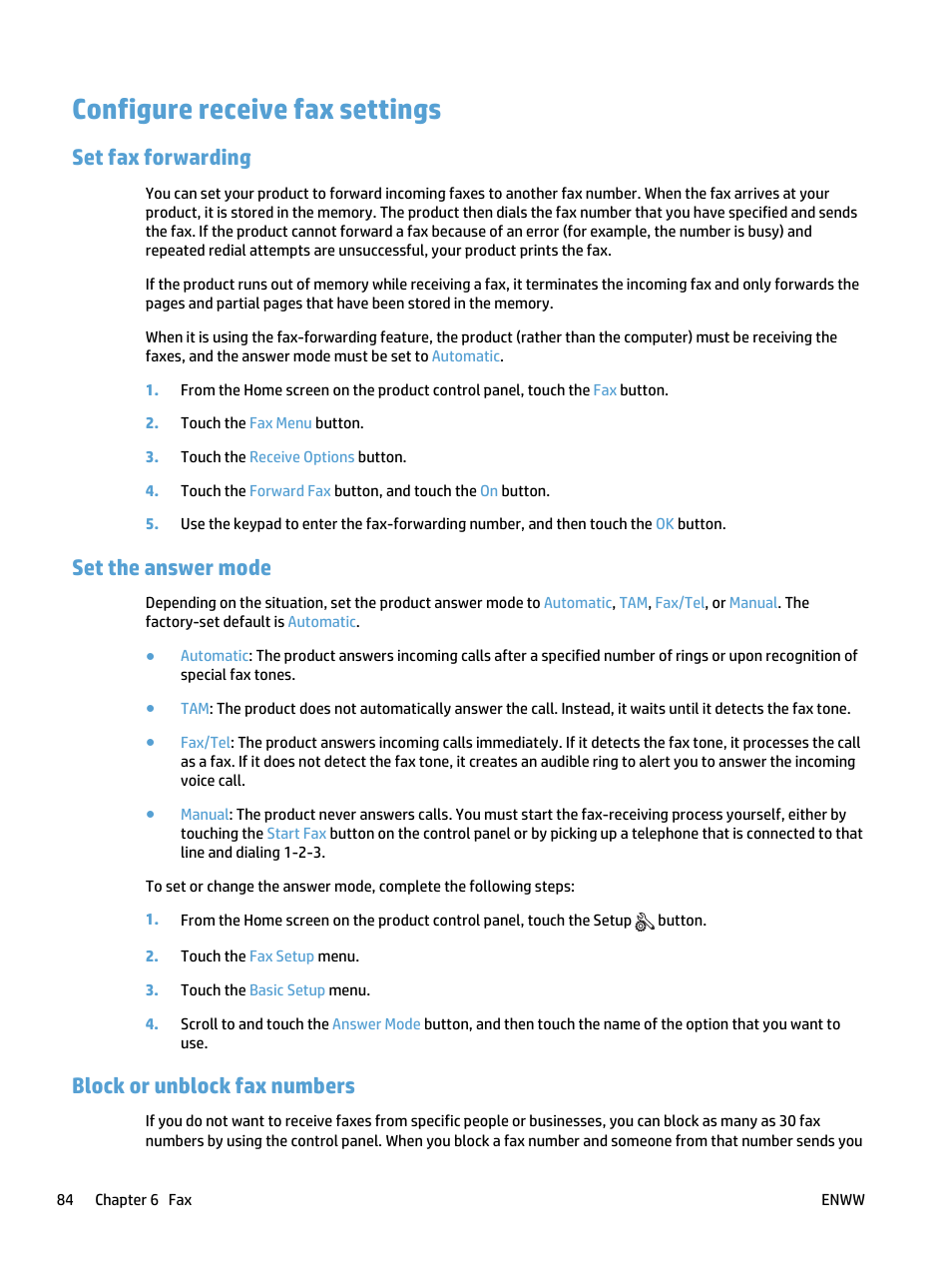 Configure receive fax settings, Set fax forwarding, Set the answer mode | Block or unblock fax numbers | HP LaserJet Pro 400 MFP M425 User Manual | Page 100 / 228