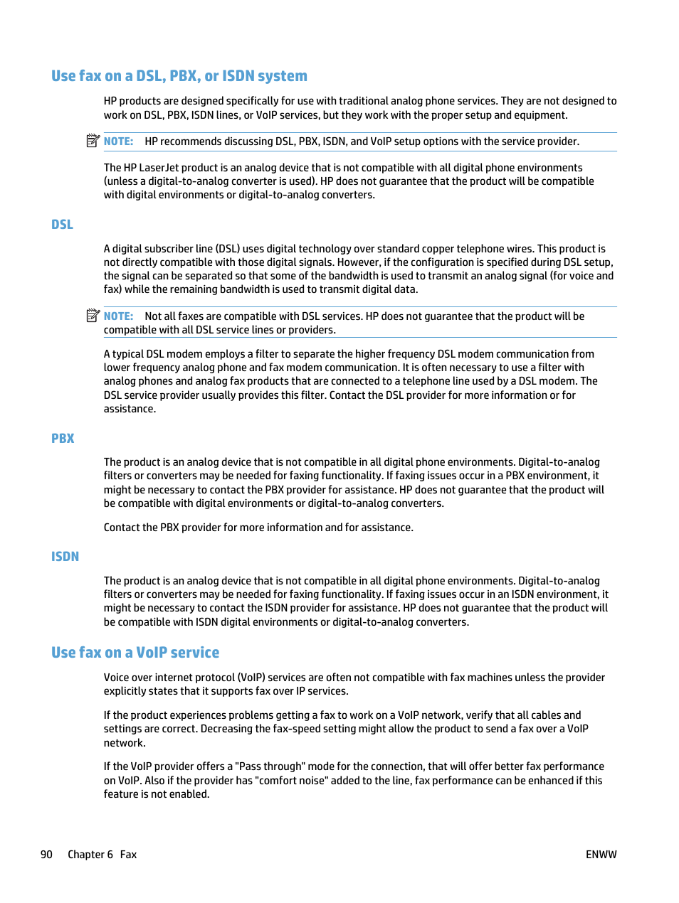 Use fax on a dsl, pbx, or isdn system, Isdn, Use fax on a voip service | Dsl pbx isdn | HP LaserJet Pro 400 MFP M425 User Manual | Page 106 / 228