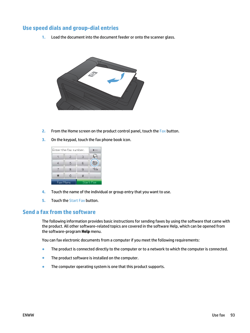 Use speed dials and group-dial entries, Send a fax from the software | HP LaserJet Pro 400 MFP M425 User Manual | Page 109 / 228