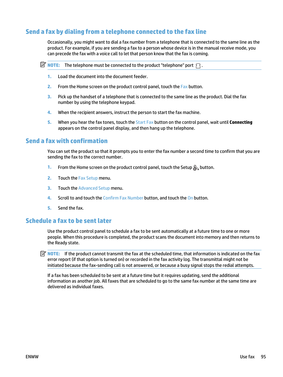 Send a fax with confirmation, Schedule a fax to be sent later | HP LaserJet Pro 400 MFP M425 User Manual | Page 111 / 228