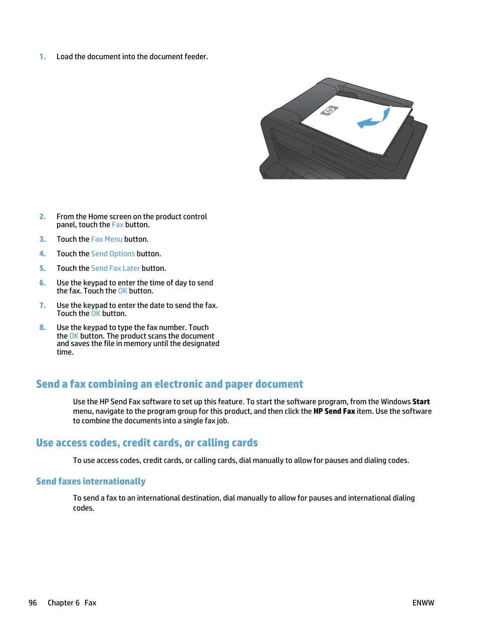 Use access codes, credit cards, or calling cards, Send faxes internationally | HP LaserJet Pro 400 MFP M425 User Manual | Page 112 / 228