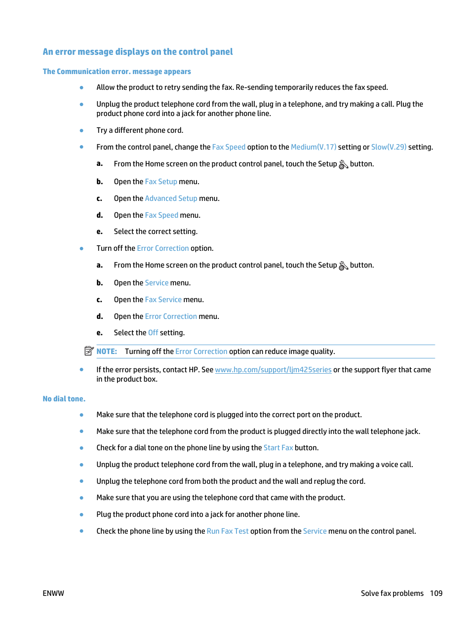 An error message displays on the control panel, The communication error. message appears, No dial tone | HP LaserJet Pro 400 MFP M425 User Manual | Page 125 / 228