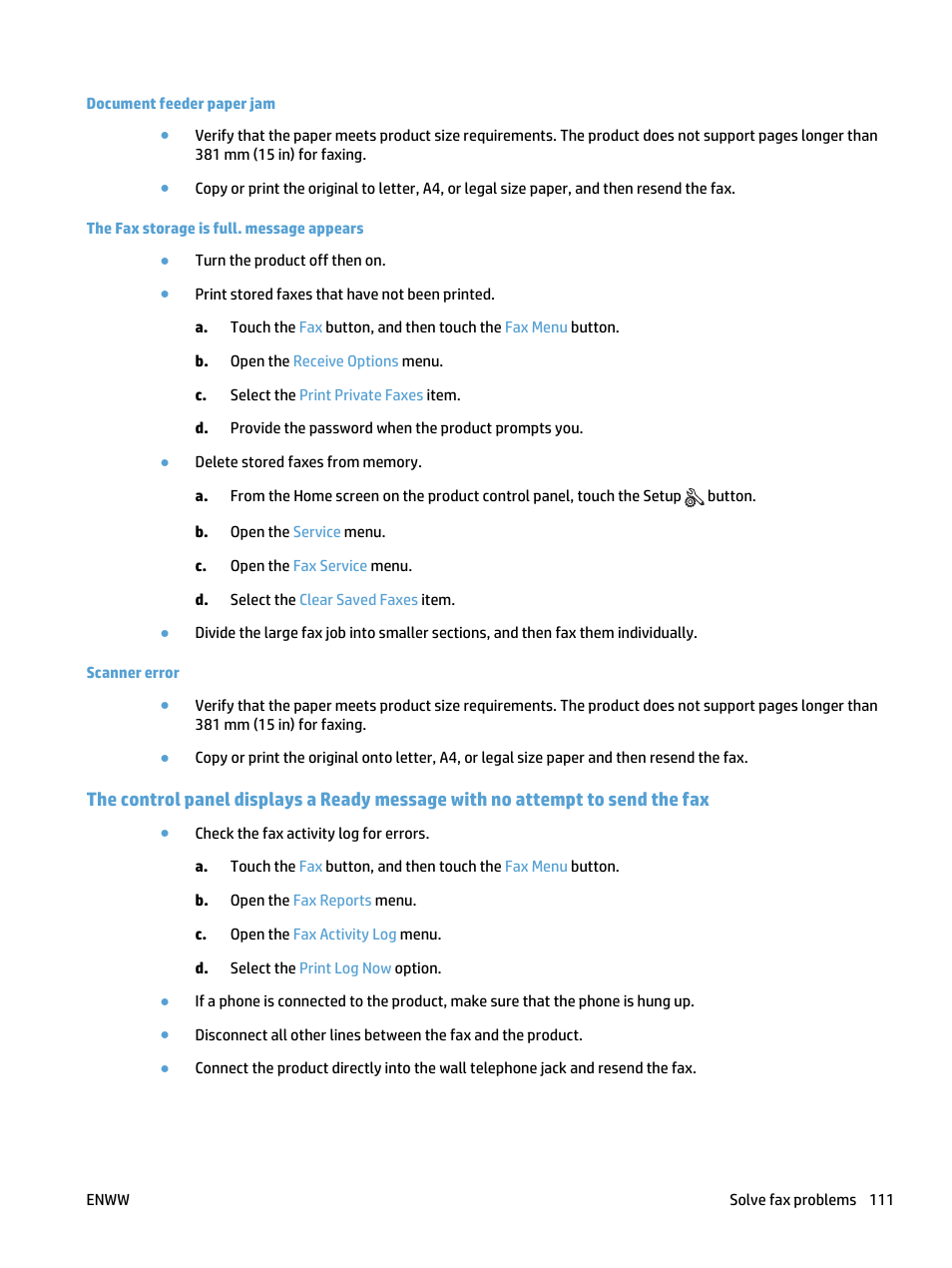 Document feeder paper jam, The fax storage is full. message appears, Scanner error | HP LaserJet Pro 400 MFP M425 User Manual | Page 127 / 228