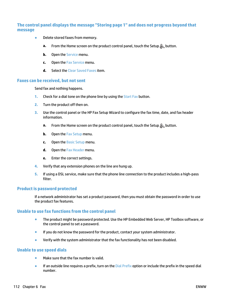 Faxes can be received, but not sent, Product is password protected, Unable to use fax functions from the control panel | Unable to use speed dials | HP LaserJet Pro 400 MFP M425 User Manual | Page 128 / 228