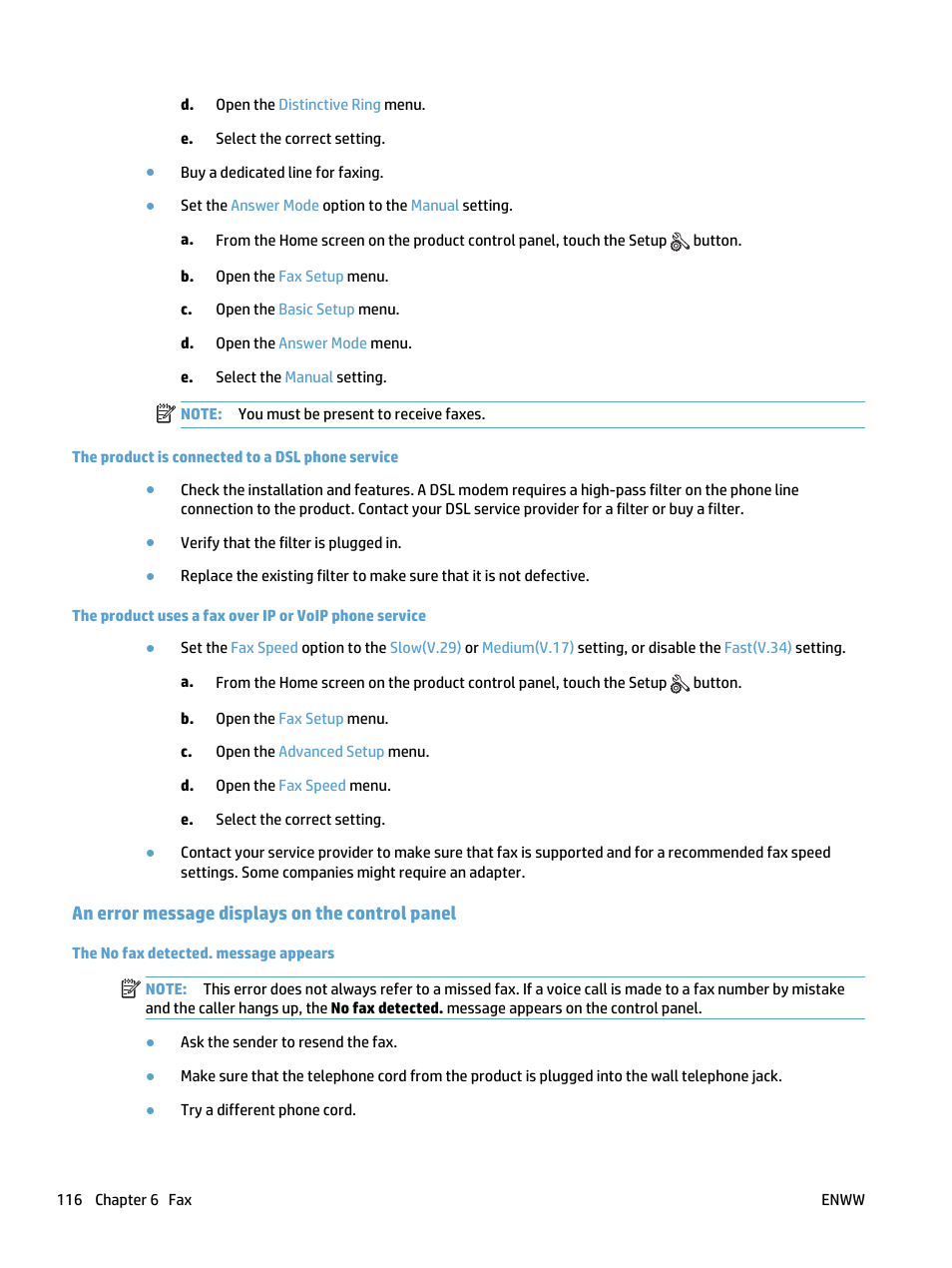 The product is connected to a dsl phone service, An error message displays on the control panel, The no fax detected. message appears | HP LaserJet Pro 400 MFP M425 User Manual | Page 132 / 228