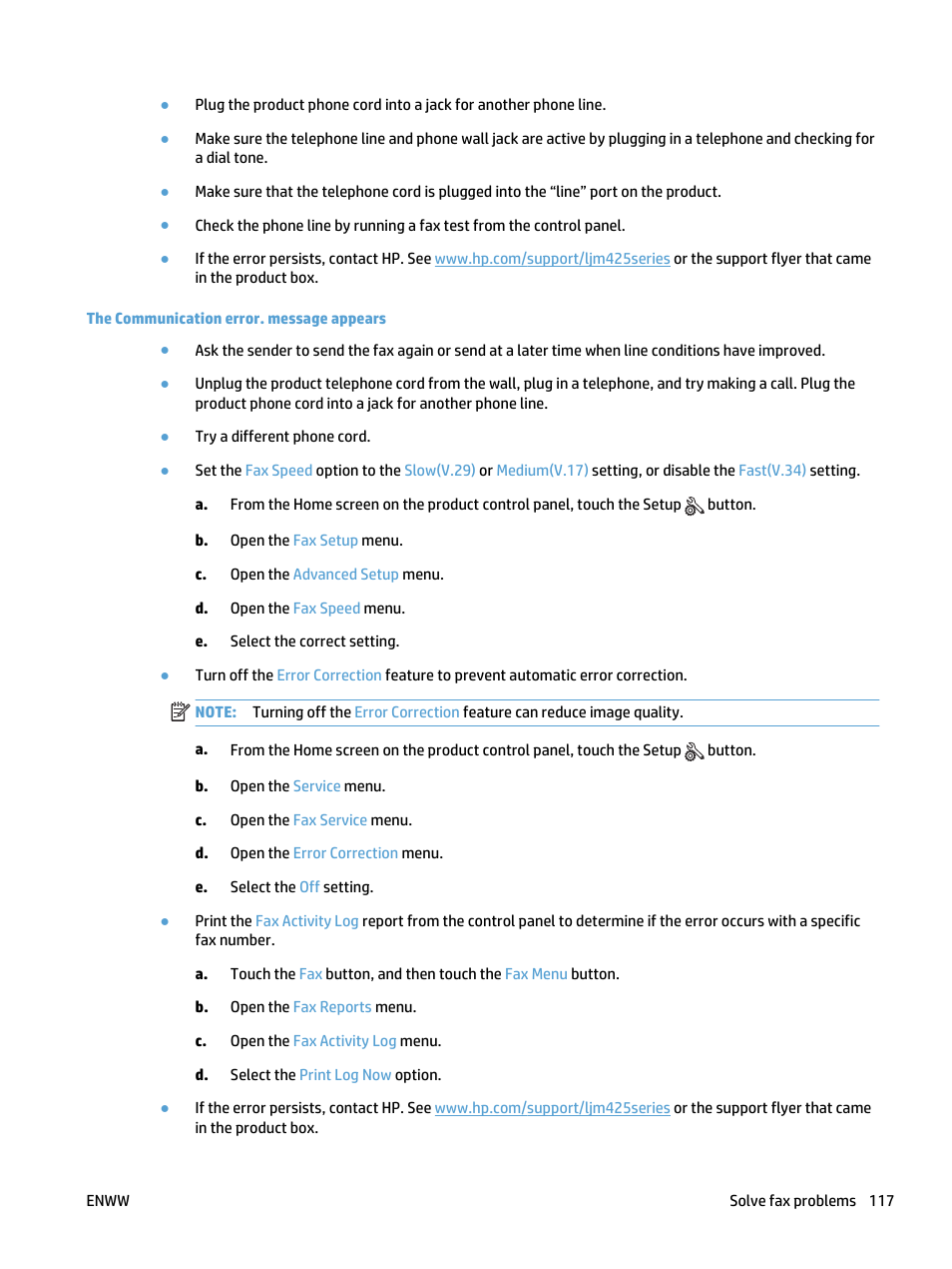 The communication error. message appears | HP LaserJet Pro 400 MFP M425 User Manual | Page 133 / 228