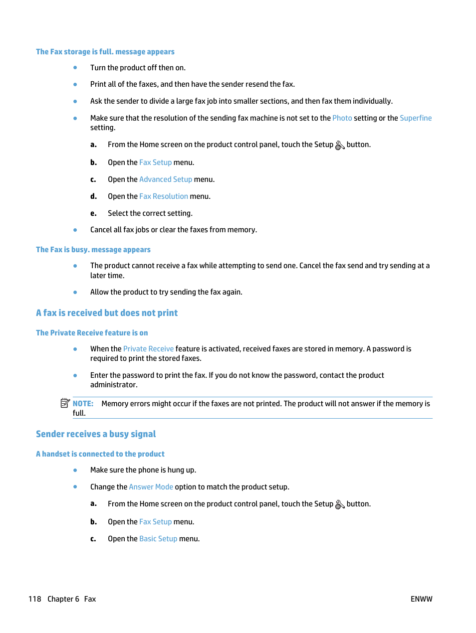 The fax storage is full. message appears, The fax is busy. message appears, A fax is received but does not print | The private receive feature is on, Sender receives a busy signal, A handset is connected to the product | HP LaserJet Pro 400 MFP M425 User Manual | Page 134 / 228