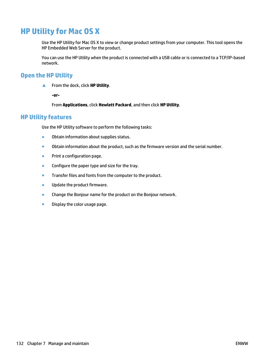 Hp utility for mac os x, Open the hp utility, Hp utility features | Open the hp utility hp utility features | HP LaserJet Pro 400 MFP M425 User Manual | Page 148 / 228