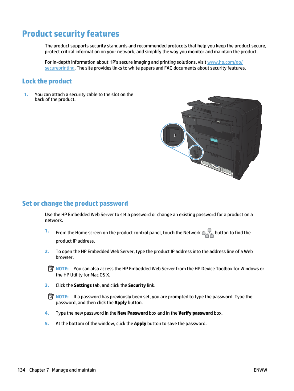 Product security features, Lock the product, Set or change the product password | HP LaserJet Pro 400 MFP M425 User Manual | Page 150 / 228