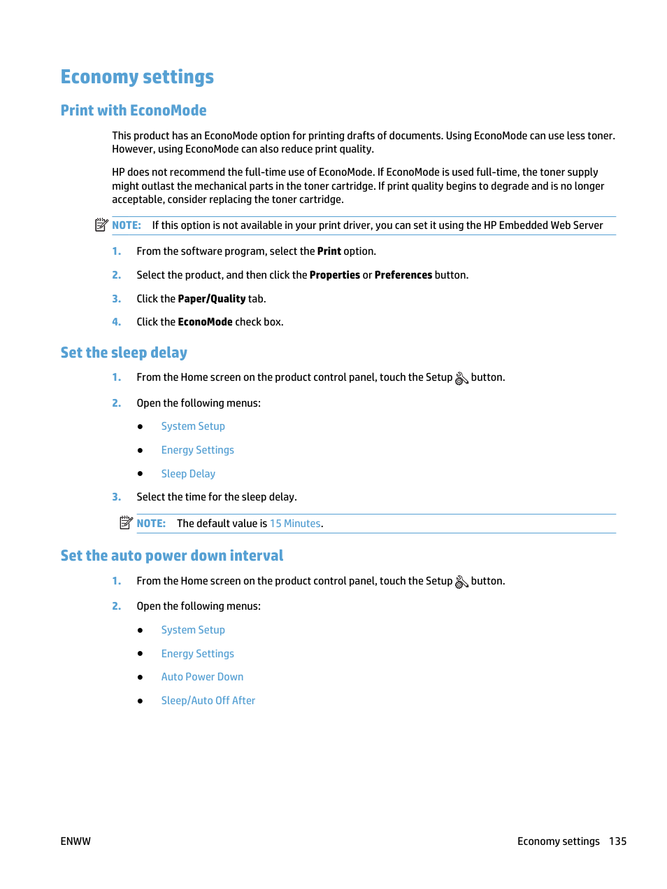 Economy settings, Print with economode, Set the sleep delay | Set the auto power down interval | HP LaserJet Pro 400 MFP M425 User Manual | Page 151 / 228